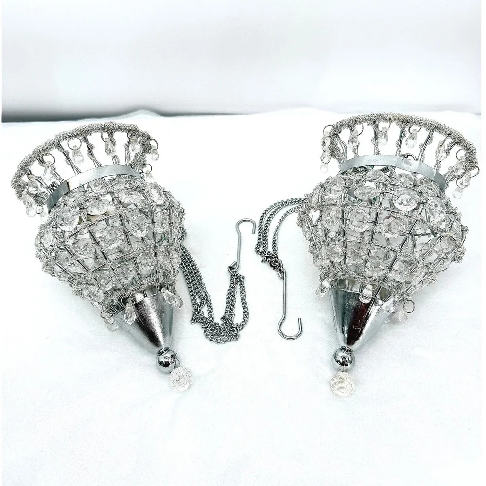 Hanging Crystal Votive Candle Holder Metal Beaded Chandelier Style PAIR-READ**